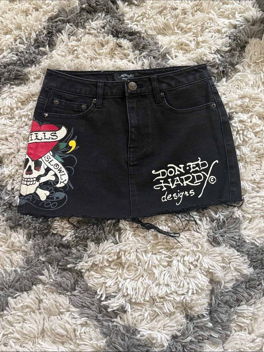 Ed Hardy Black Graphic Denim Mini Skirt with Heart Skull Print